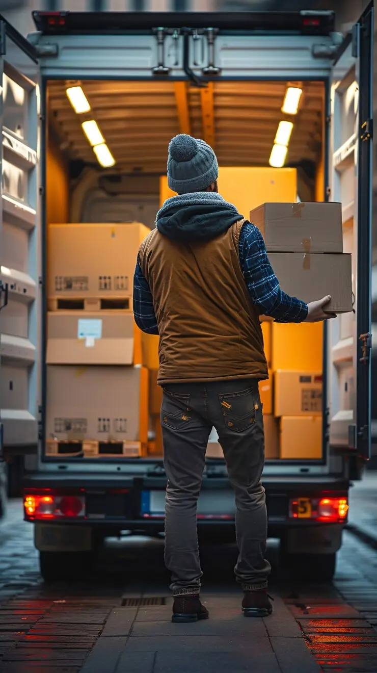 Camión de paquetería transportando paquetes con condiciones óptimas.